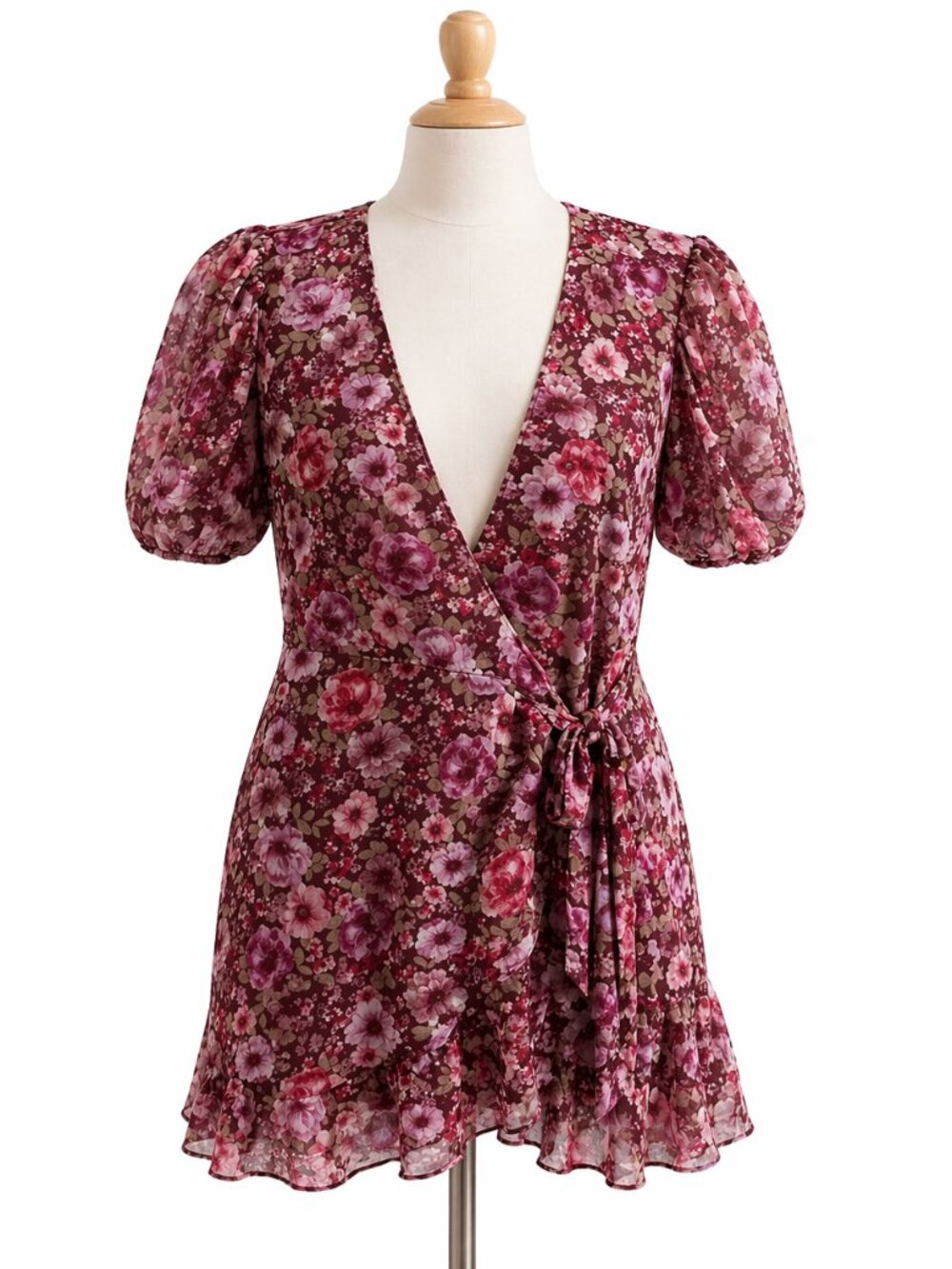 Women's Miami Floral Puff Sleeve Mini Wrap Dress Size M